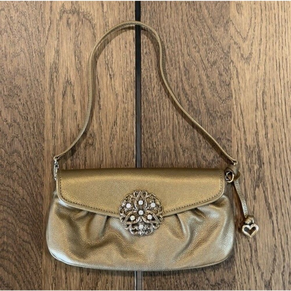 Brighton Empress Gold Leather Clutch Shoulder Bag Jeweled Swarovski Crystals